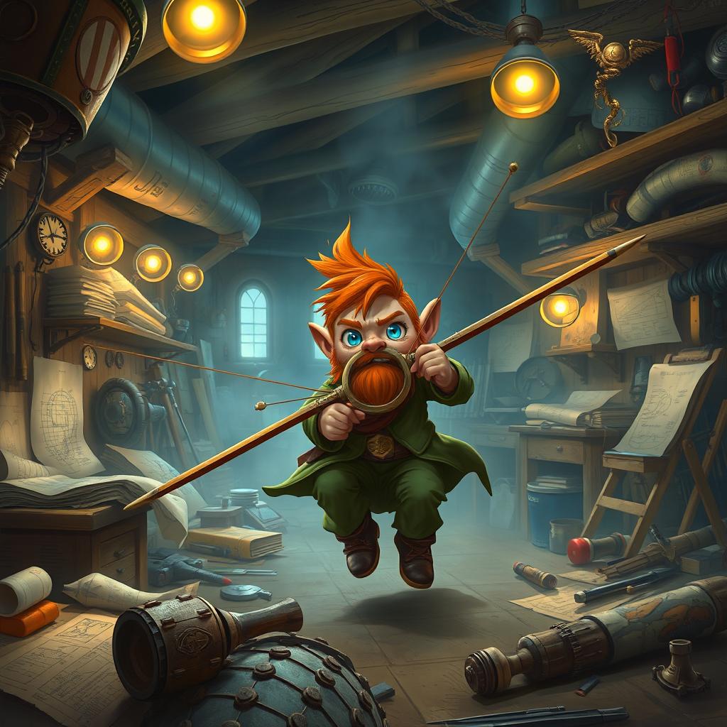 A ruddy tan, red-haired male rock gnome artificer with captivating sapphire blue eyes, mid-action as he attempts to fly his experimental glider within the confines of his workshop