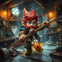 A ruddy tan, red-haired male rock gnome artificer with captivating sapphire blue eyes, mid-action as he attempts to fly his experimental glider within the confines of his workshop