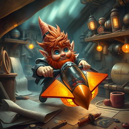 A ruddy tan, red-haired male rock gnome artificer with captivating sapphire blue eyes, mid-action as he attempts to fly his experimental glider within the confines of his workshop