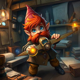 A ruddy tan, red-haired male rock gnome artificer with captivating sapphire blue eyes, mid-action as he attempts to fly his experimental glider within the confines of his workshop