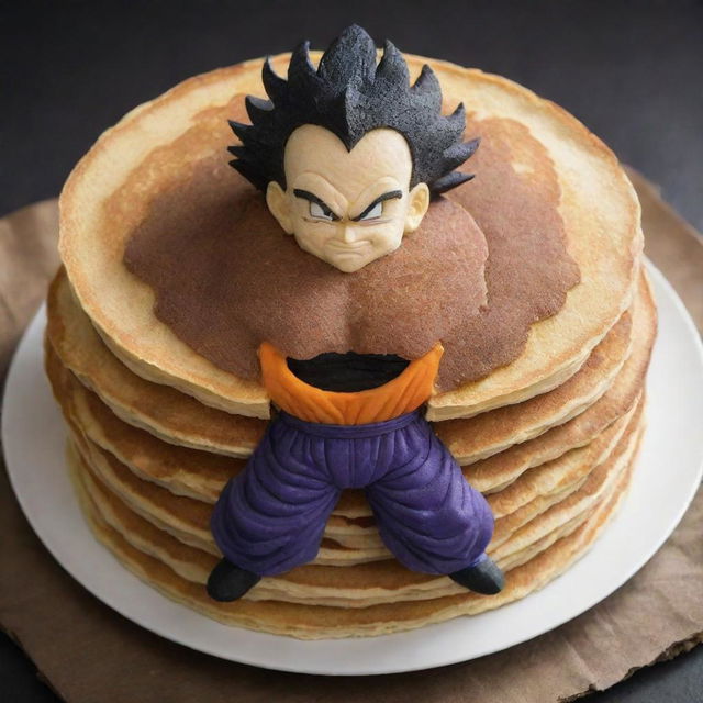 Generate an image of a menacing villain from the Dragon Ball series, expertly constructed out of golden, fluffy pancakes.