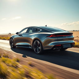 A sleek and modern fast electric sedan, showcasing its aerodynamic design with smooth curves and a shiny metallic finish