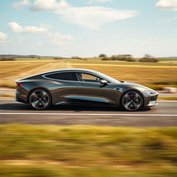 A sleek and modern fast electric sedan, showcasing its aerodynamic design with smooth curves and a shiny metallic finish