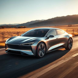 A sleek and modern fast electric sedan, showcasing its aerodynamic design with smooth curves and a shiny metallic finish