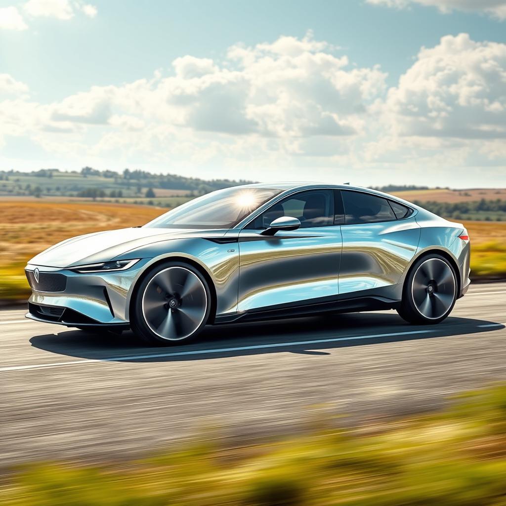 A sleek and modern fast electric sedan, showcasing its aerodynamic design with smooth curves and a shiny metallic finish