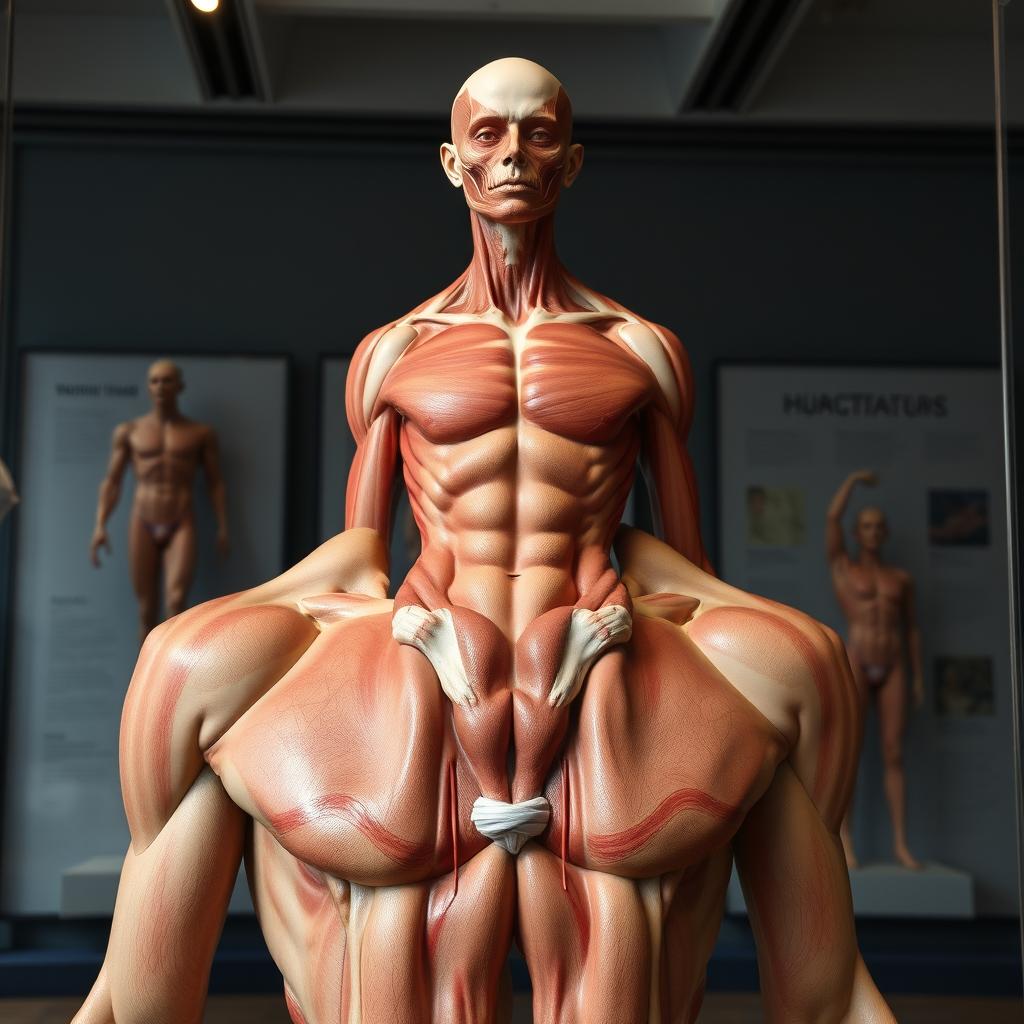 realistic male anatomy exhibit, focusing on the human form and musculature with an emphasis on artistic representation of the male body