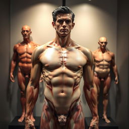 realistic male anatomy exhibit, focusing on the human form and musculature with an emphasis on artistic representation of the male body