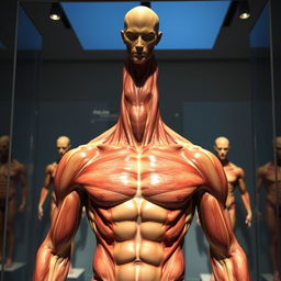 realistic male anatomy exhibit, focusing on the human form and musculature with an emphasis on artistic representation of the male body