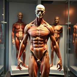 realistic male anatomy exhibit, focusing on the human form and musculature with an emphasis on artistic representation of the male body