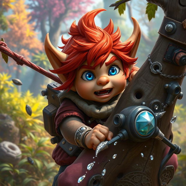 A male rock gnome artificer with ruddy tan skin, fiery red hair, and mesmerizing sapphire blue eyes, caught mid-crash as his glider collides with a tree in an outdoor Dungeons & Dragons setting