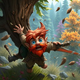 A male rock gnome artificer with ruddy tan skin, fiery red hair, and mesmerizing sapphire blue eyes, caught mid-crash as his glider collides with a tree in an outdoor Dungeons & Dragons setting