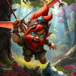 A male rock gnome artificer with ruddy tan skin, fiery red hair, and mesmerizing sapphire blue eyes, caught mid-crash as his glider collides with a tree in an outdoor Dungeons & Dragons setting