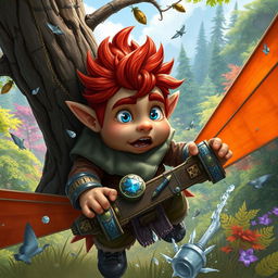 A male rock gnome artificer with ruddy tan skin, fiery red hair, and mesmerizing sapphire blue eyes, caught mid-crash as his glider collides with a tree in an outdoor Dungeons & Dragons setting