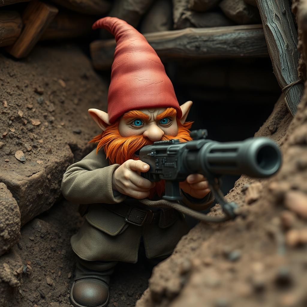 A ruddy tan, red-haired male rock gnome artificer with vivid sapphire blue eyes, skillfully operating a machine gun from the gritty confines of a World War One trench