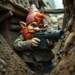 A ruddy tan, red-haired male rock gnome artificer with vivid sapphire blue eyes, skillfully operating a machine gun from the gritty confines of a World War One trench