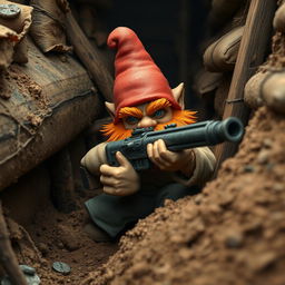 A ruddy tan, red-haired male rock gnome artificer with vivid sapphire blue eyes, skillfully operating a machine gun from the gritty confines of a World War One trench