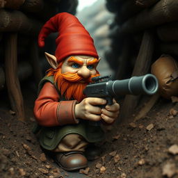 A ruddy tan, red-haired male rock gnome artificer with vivid sapphire blue eyes, skillfully operating a machine gun from the gritty confines of a World War One trench