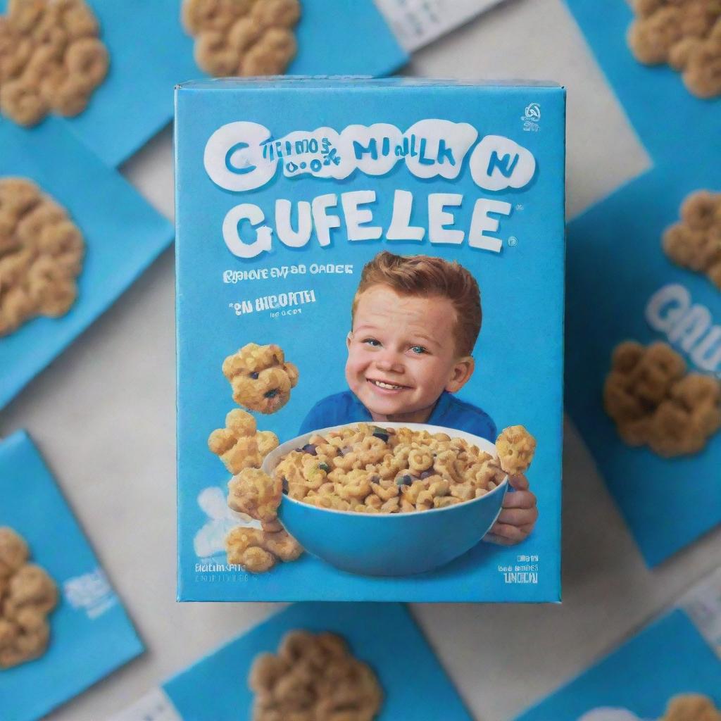 A blue cereal box showcasing an image of Sam Sulek as a mascot. In the center, there's a bowl filled with the cereal. The cereal is labeled as 'Protein Puffs'.