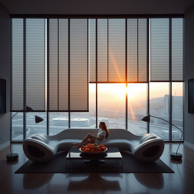 A large room with a full-wall panoramic window, partially covered by blinds and a section obscured by gray smart glass