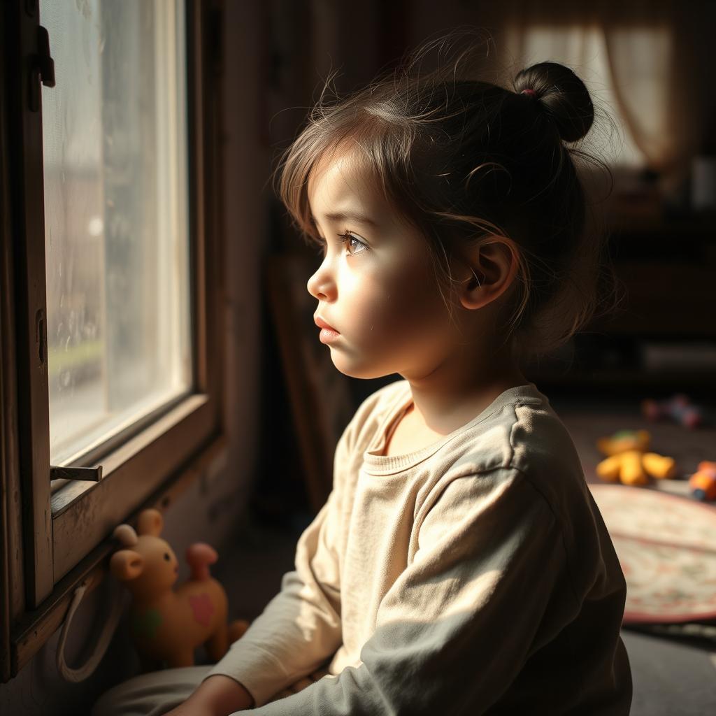 A young girl in a thoughtful moment, capturing the essence of a child with a background indicating a broken home