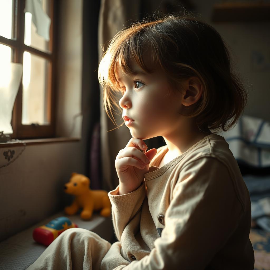 A young girl in a thoughtful moment, capturing the essence of a child with a background indicating a broken home