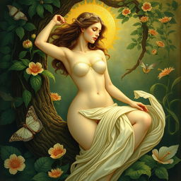 artistic portrayal of a woman surrounded by nature, celebrating the beauty of the human form, harmonious with the environment, female figure depicted in an elegant, tasteful, and respectful manner