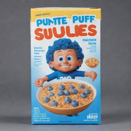 A blue cereal box showcasing an image of Sam Sulek as a mascot. In the center, there's a bowl filled with the cereal. The cereal is labeled as 'Protein Puffs'.