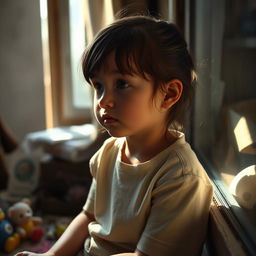 A young girl in a thoughtful moment, capturing the essence of a child with a background indicating a broken home