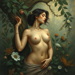 artistic portrayal of a woman surrounded by nature, celebrating the beauty of the human form, harmonious with the environment, female figure depicted in an elegant, tasteful, and respectful manner