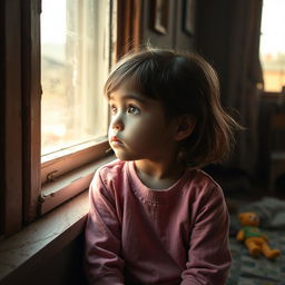 A young girl in a thoughtful moment, capturing the essence of a child with a background indicating a broken home