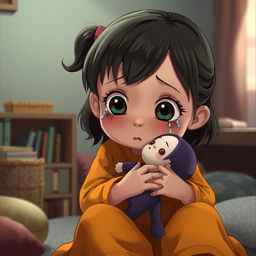 A young girl depicted in an animated style, sitting down and holding a doll close as tears gently stream down her cheeks