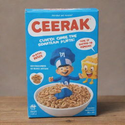 A blue cereal box showcasing an image of Sam Sulek as a mascot. In the center, there's a bowl filled with the cereal. The cereal is labeled as 'Protein Puffs'.