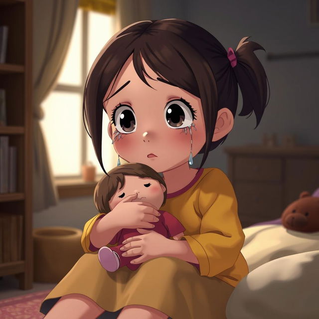 A young girl depicted in an animated style, sitting down and holding a doll close as tears gently stream down her cheeks