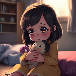 A young girl depicted in an animated style, sitting down and holding a doll close as tears gently stream down her cheeks