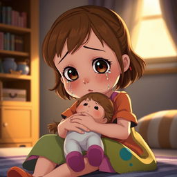 A young girl depicted in an animated style, sitting down and holding a doll close as tears gently stream down her cheeks