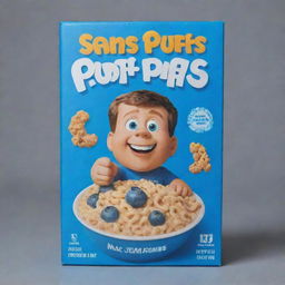 A blue cereal box showcasing an image of Sam Sulek as a mascot. In the center, there's a bowl filled with the cereal. The cereal is labeled as 'Protein Puffs'.