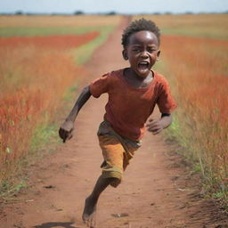 A small African boy, his face etched with fear mid-stride across a vast field, depicted through the vibrant hues of a lively sketch.