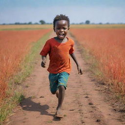 A small African boy, his face etched with fear mid-stride across a vast field, depicted through the vibrant hues of a lively sketch.