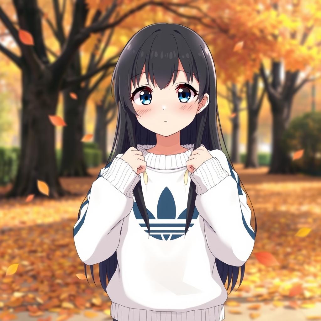 a reserved anime girl with long black hair wearing a stylish white Adidas sweater, standing in a serene park setting during autumn, with colorful leaves gently falling around her