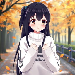 a reserved anime girl with long black hair wearing a stylish white Adidas sweater, standing in a serene park setting during autumn, with colorful leaves gently falling around her