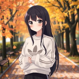 a reserved anime girl with long black hair wearing a stylish white Adidas sweater, standing in a serene park setting during autumn, with colorful leaves gently falling around her