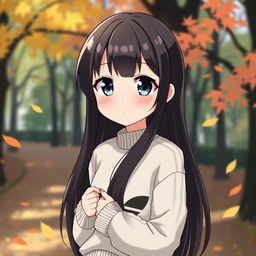 a reserved anime girl with long black hair wearing a stylish white Adidas sweater, standing in a serene park setting during autumn, with colorful leaves gently falling around her