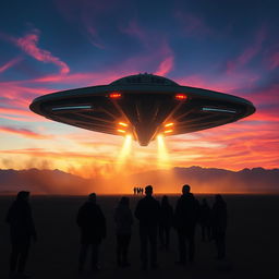 A dramatic and captivating scene of an alien spaceship landing on a remote, desolate landscape, illuminated by the vibrant colors of dusk