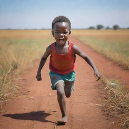 A small African boy, his face etched with fear mid-stride across a vast field, depicted through the vibrant hues of a lively sketch.