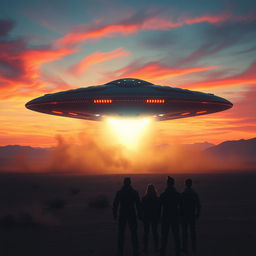 A dramatic and captivating scene of an alien spaceship landing on a remote, desolate landscape, illuminated by the vibrant colors of dusk