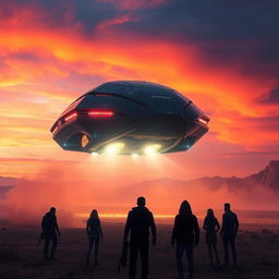 A dramatic and captivating scene of an alien spaceship landing on a remote, desolate landscape, illuminated by the vibrant colors of dusk