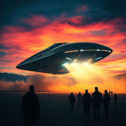 A dramatic and captivating scene of an alien spaceship landing on a remote, desolate landscape, illuminated by the vibrant colors of dusk