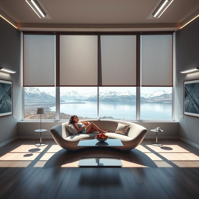 A large room featuring a full-wall panoramic window, partially shaded by blinds and smart gray matte glass