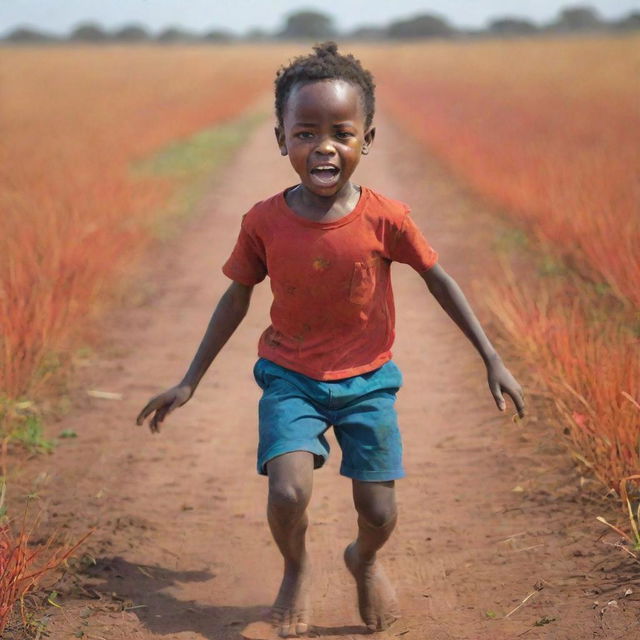 A small African boy, his face etched with fear mid-stride across a vast field, depicted through the vibrant hues of a lively sketch.