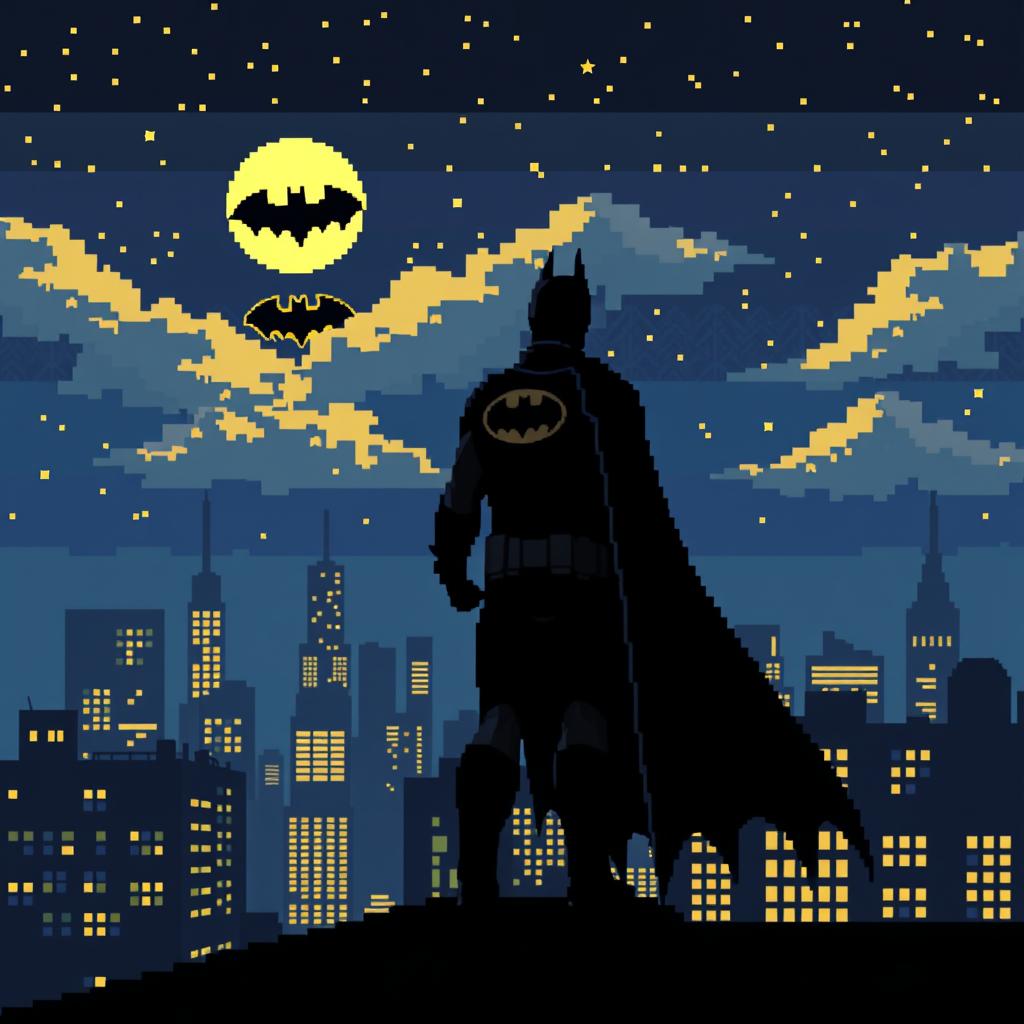 A nostalgic pixel art scene featuring Batman standing on a rooftop, gazing up at the night sky